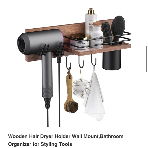 Wooden Hair Dryer Holder Wall Mount,Bathroom Organizer for Styling